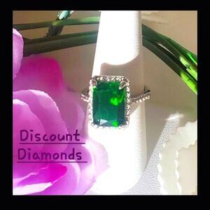 Green Emerald & White Baguette Diamond Cocktail Ring on 925 Silver